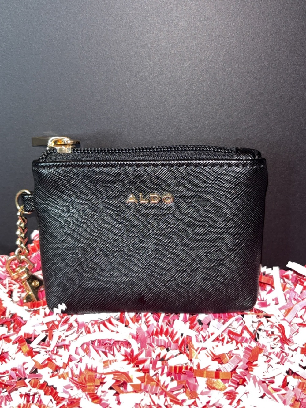 Aldo Black Saffiano Zip Coin Pouch with Gold Logo